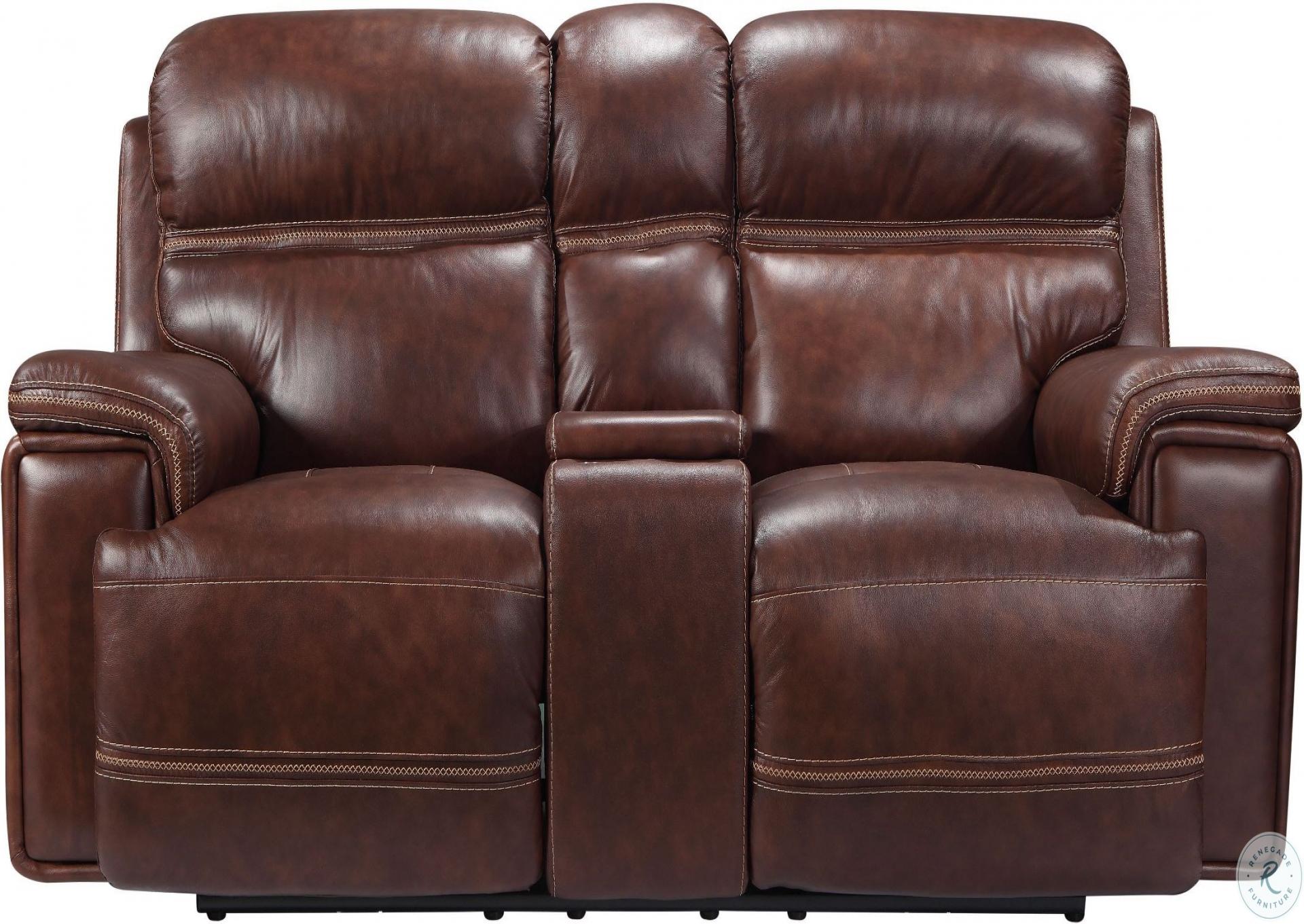 Brown Fresno Leather Dual Reclining Sofa and Love Seat with Console and Power Push Button